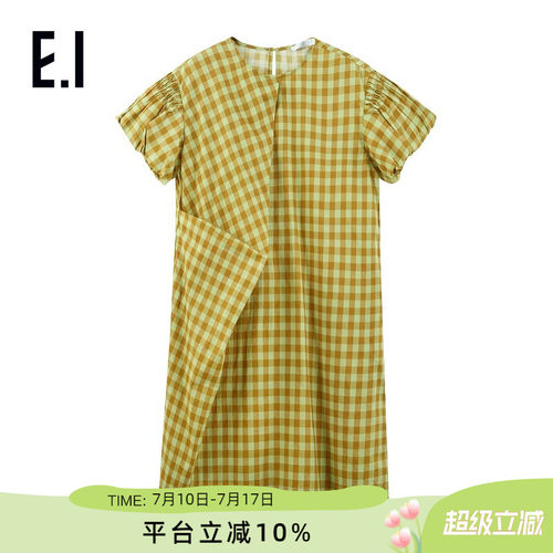 ei童装女童花苞袖连衣裙夏季新款中大童复古格子宽松休闲长裙