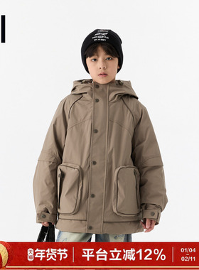 ei童装男童连帽款羽绒服2025冬装新款中大童户外运动工装外套