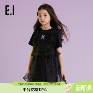 短袖 女童连衣裙夏季 ei童装 T恤网纱裙中大童公主裙 商场同款