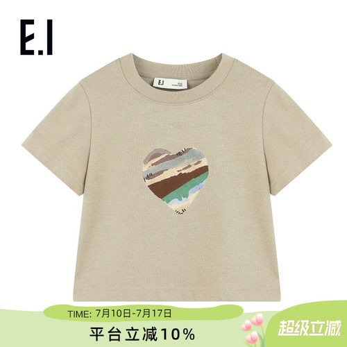 ei童装女童短袖T恤夏季新款爱心涂鸦印花正肩短款半袖上衣