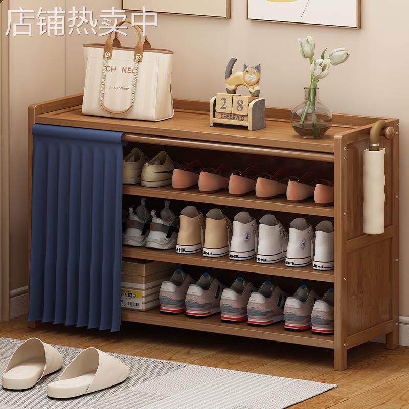 鞋架子家用简易门口收纳现代简约收纳柜实木多层带帘防尘