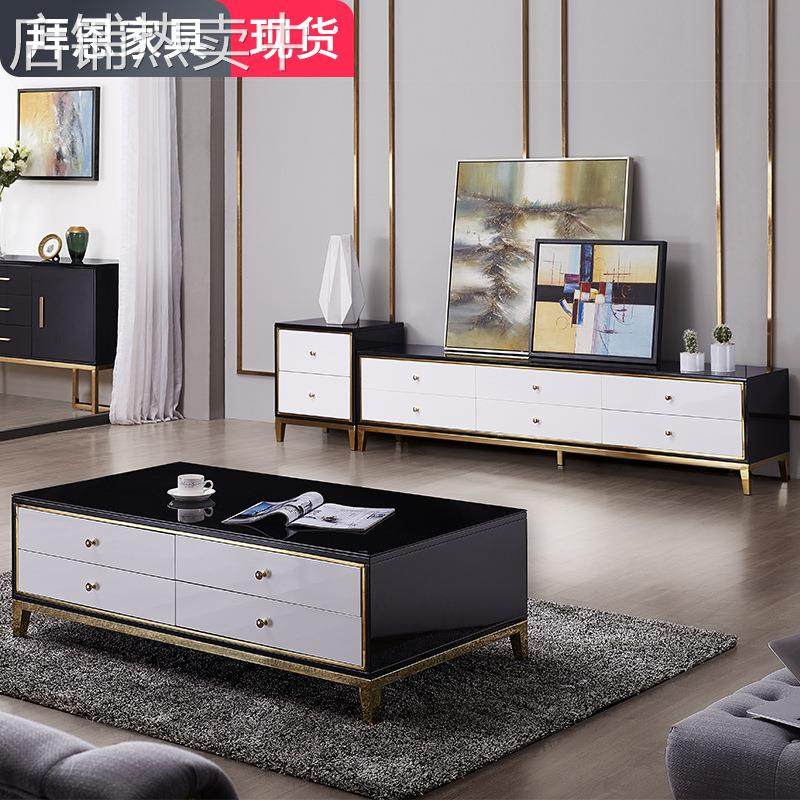 轻奢镀金茶几电视柜组合 客厅后现代简约不锈钢黑白烤漆储物地柜