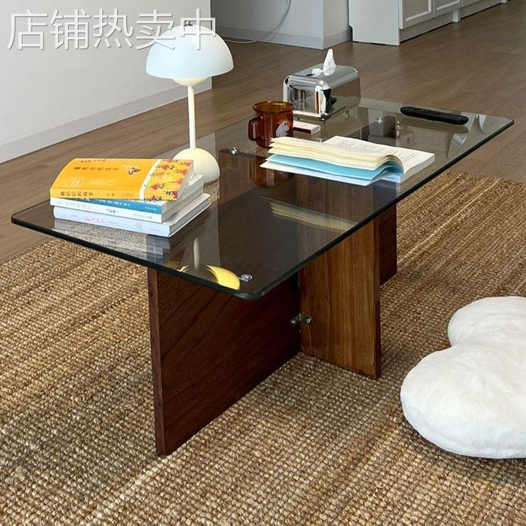 中古实木小户型家用玻璃茶桌客厅茶几轻奢简约现代高级感茶台桌子
