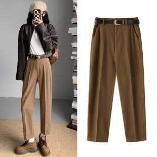加绒显瘦九分裤 高腰休闲毛呢烟管裤 女秋冬新款 美拉德棕色直筒西裤