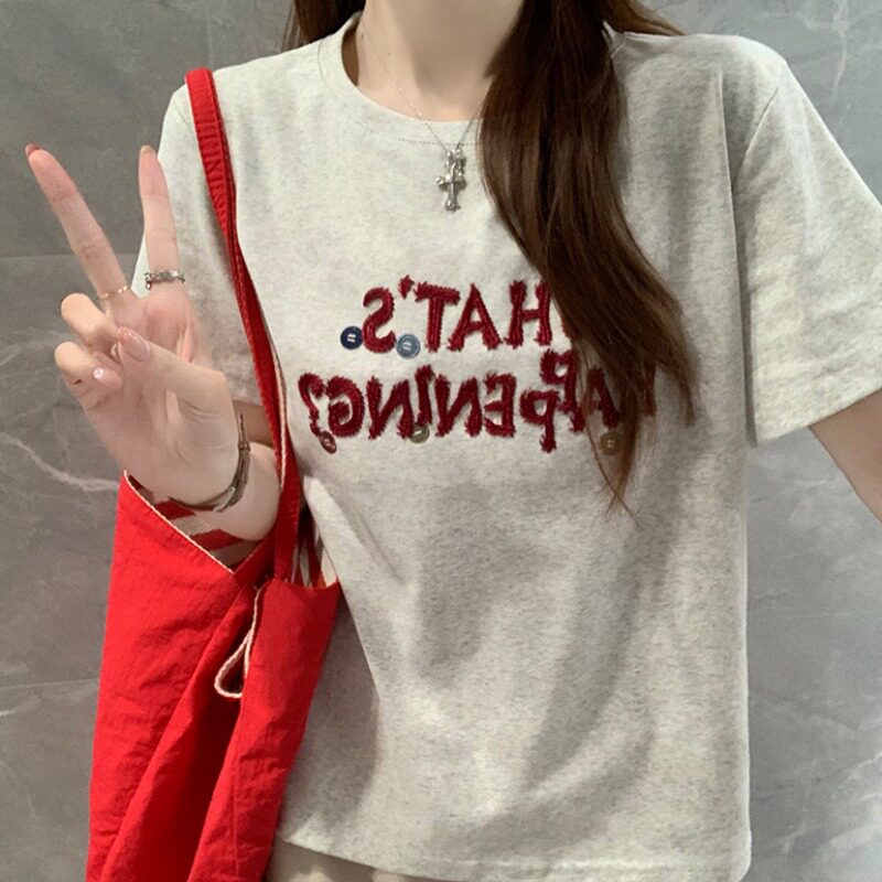 纯棉螺纹210克短袖t恤女装夏修身新款刺绣花圆领上衣