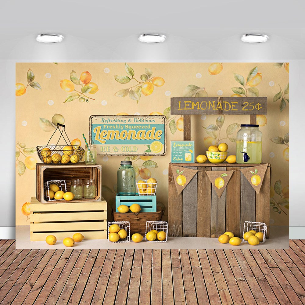 fresh squeezed fruits theme backdrop lemon with wooden boxe