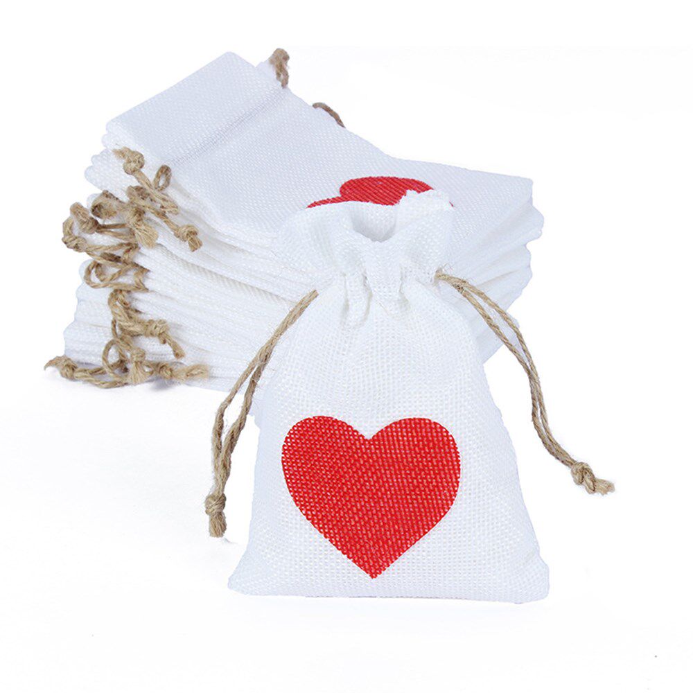 5pcs heart linen jute drawstring gift bag sacks wedding bir