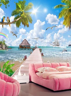 3D 5D 8D Blue Sky Maldives Sea Beach Bird Wallpaper Mural f