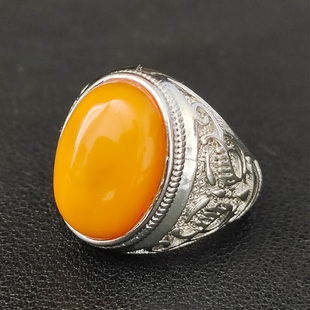 天然琥珀蜜蜡戒指保真鸡油黄妖花扳指复古饰品男士开口戒指18*13