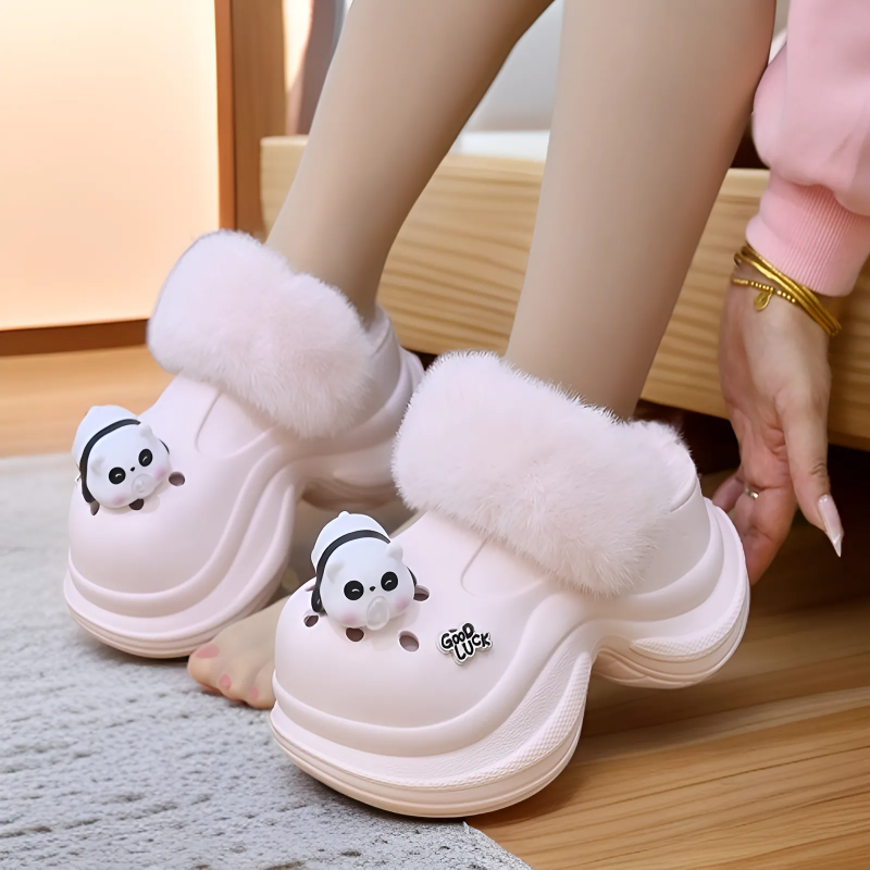 冬季新款可爱加绒洞洞鞋女外穿卡通玩偶diy棉拖鞋小个子增高棉拖