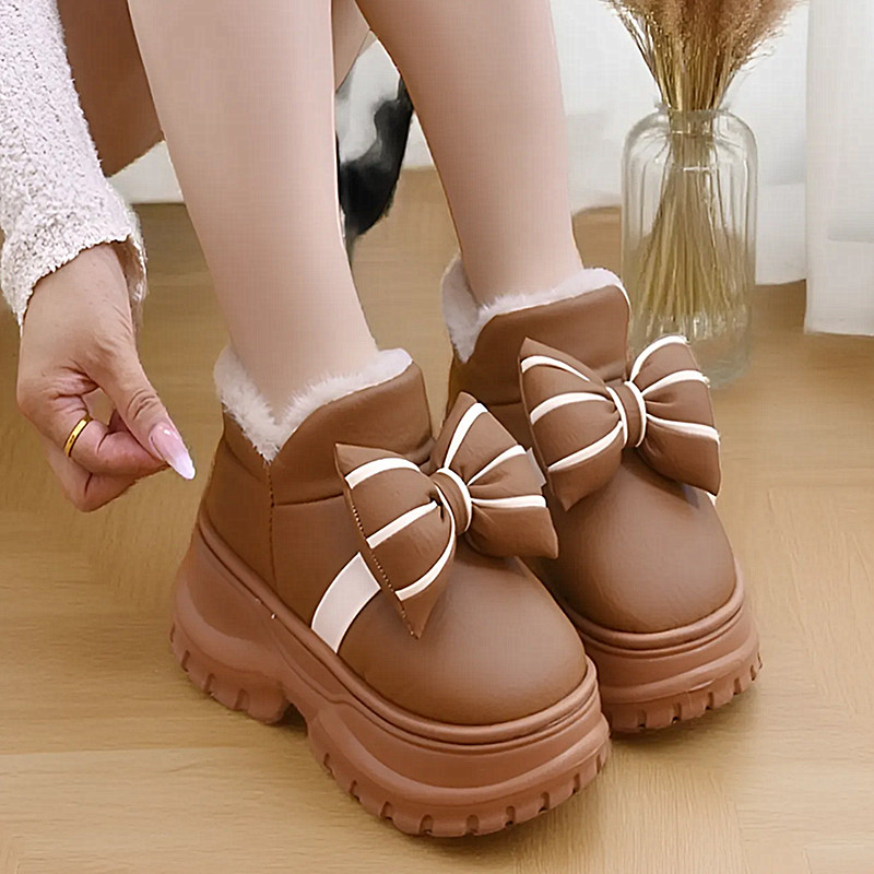 新款冬季简约蝴蝶结女棉鞋PU防水保暖厚底耐磨增高外出时尚雪地靴