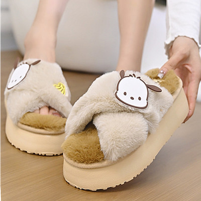 厚底加绒保暖毛毛拖鞋女外穿2024新款卡通可爱室内家居防滑棉拖鞋