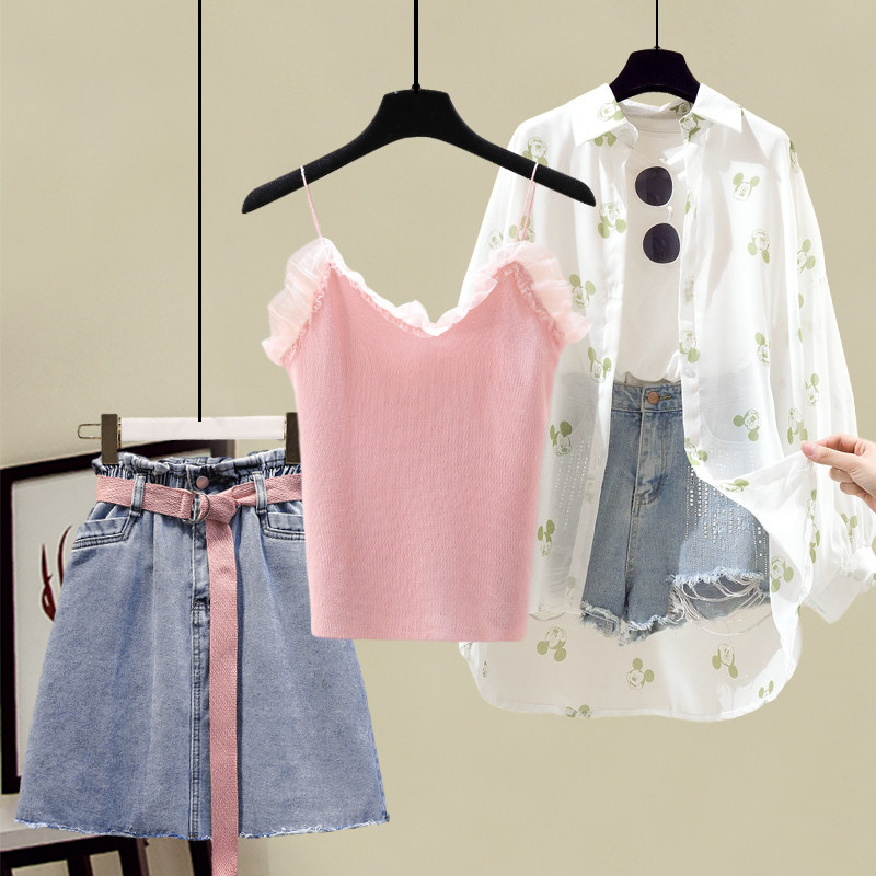 夏装裙子套装女网红米奇雪纺防晒衬衫配钩花吊带高腰牛仔裙三件套