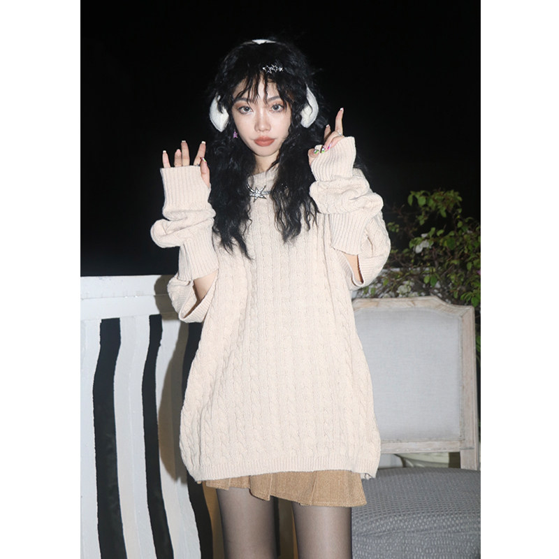 swag 复古韩国ins米白色y2k千禧辣妹中长款毛衣外穿秋冬女 送手套
