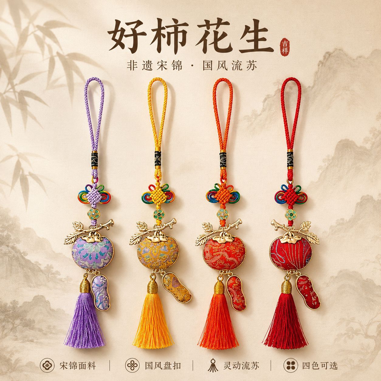 非遗宋锦好柿花生招财流苏挂饰图片