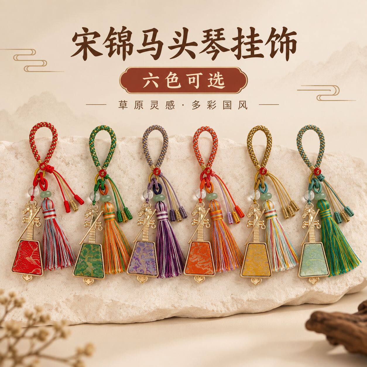 新中式宋锦马头琴流苏钥匙扣挂饰