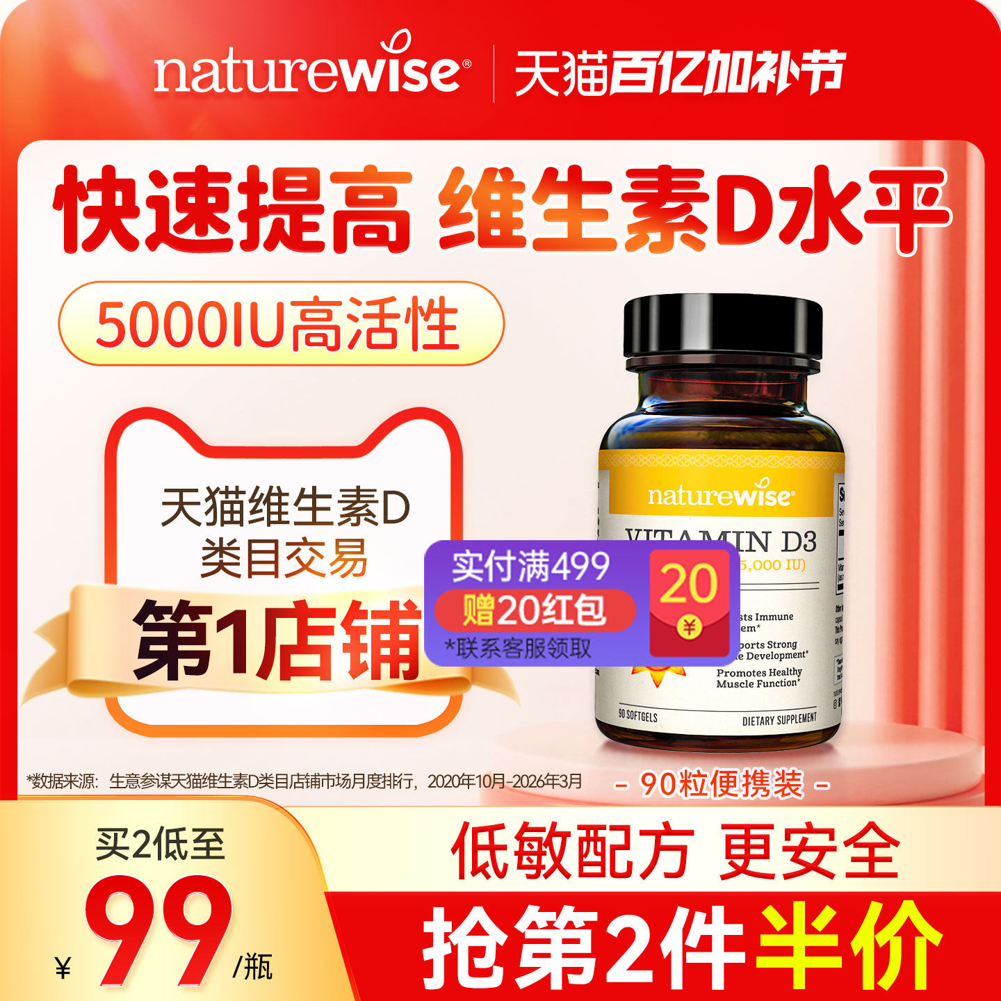 Naturewise阳光瓶维生素d3活性维生素d5000iu备d孕妇成人vd维d3
