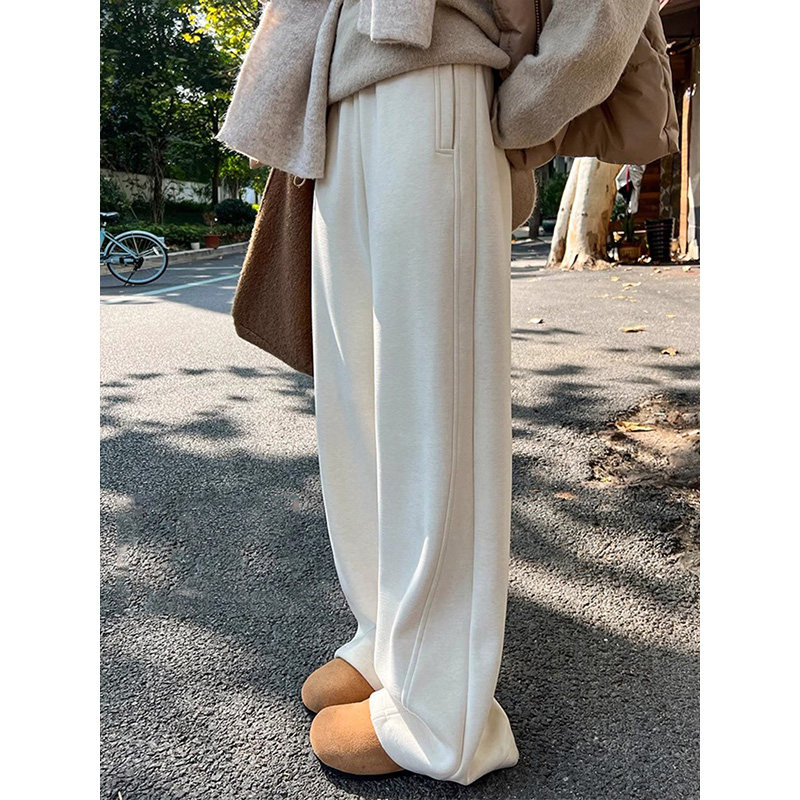 白色毛呢阔腿裤女小个子秋冬加绒2025新款高腰垂感直筒休闲糯米裤