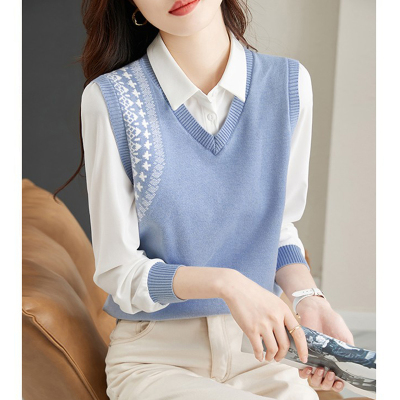 针织打底衫女秋冬加绒内搭2025新款时尚洋气马甲衬衫假两件上衣女