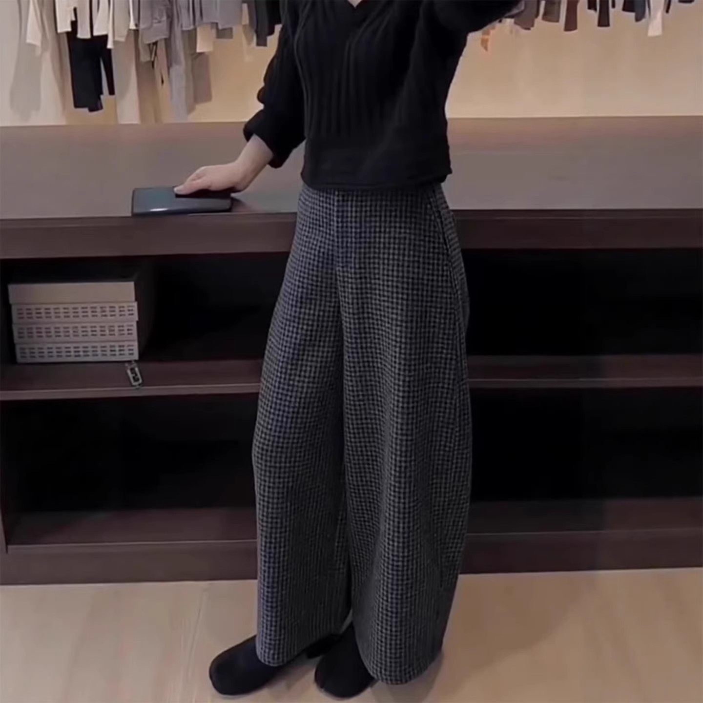 加绒毛呢格子阔腿裤女小个子秋冬2025新款大码高腰显瘦宽松直筒裤