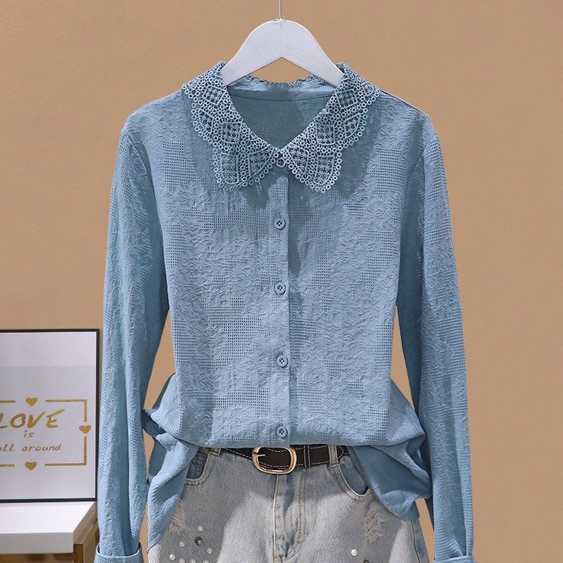 长袖衬衫女设计感小众春秋2025新款洋气小衫蕾丝衫纯棉衬衣女上衣