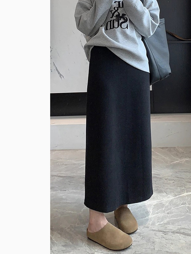 黑色毛呢半身裙女中长款秋冬2025年新款高腰显瘦后开叉直筒包臀裙