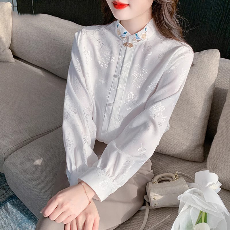 新中式国风长袖衬衫女春秋2025年新款时尚气质白色立领衬衫女上衣