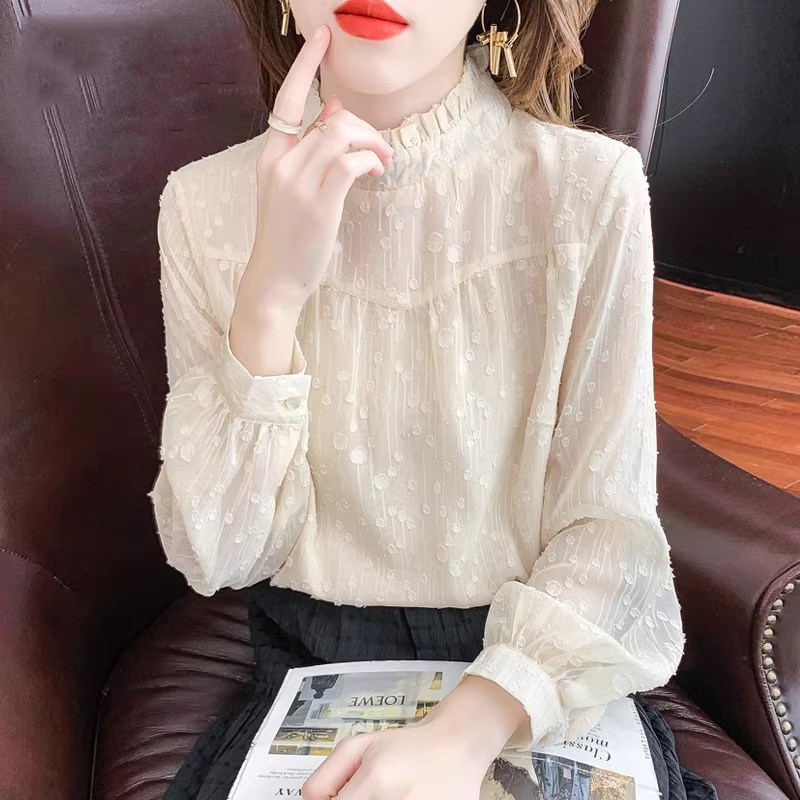 半高领打底衫女长袖春秋2025新款时尚洋派内搭宽松蕾丝雪纺衫上衣