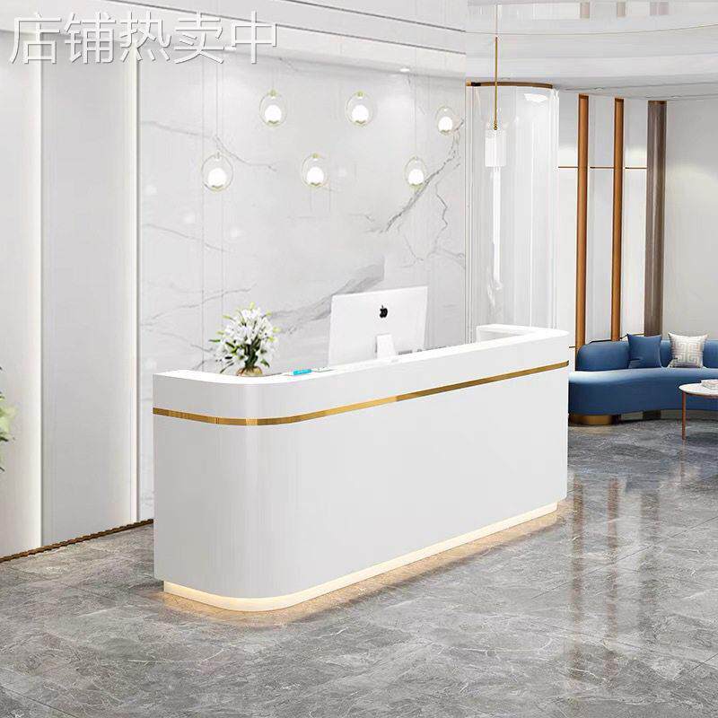 简约美容院转角收银柜台店铺小型仿大理石弧形吧台白色烤漆前台桌