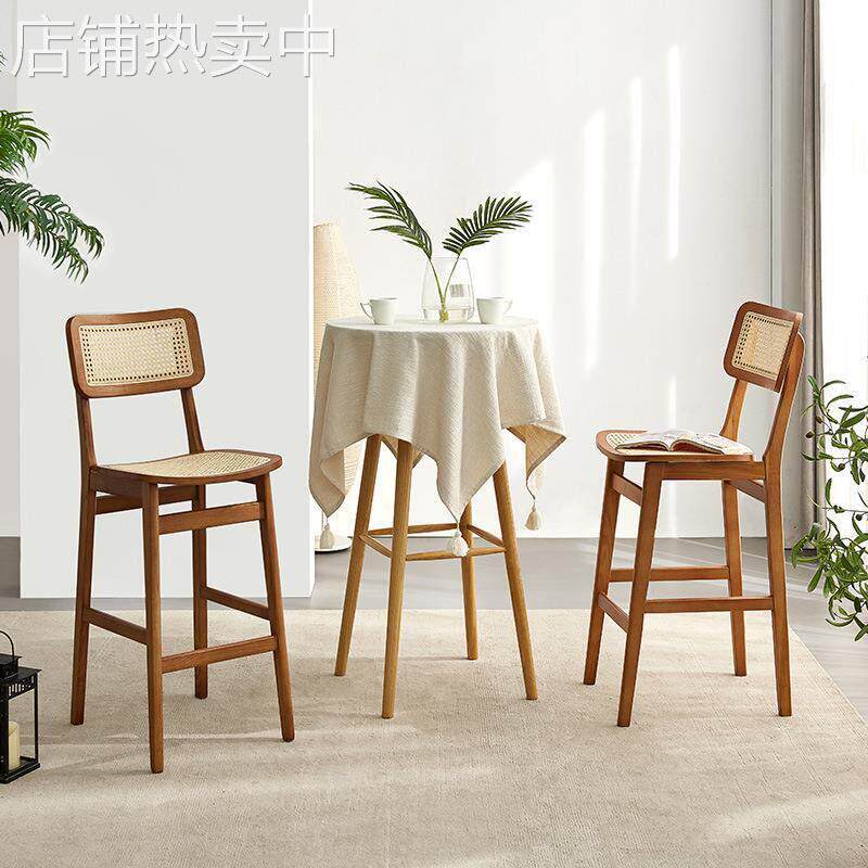北欧实木藤编吧台椅靠背脚椅中古家用真藤岛台椅实木椅实木餐椅
