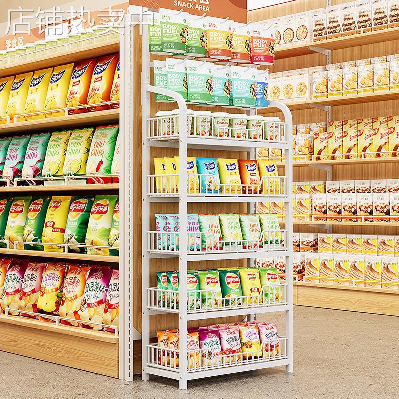 新款超市货架置物架铁艺多层收纳展示架便利店带挂钩饮料零食架子