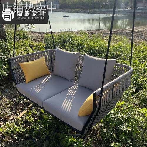 户外花园庭院休闲双人秋千室外别墅酒店民宿防水防晒绳编吊篮组合