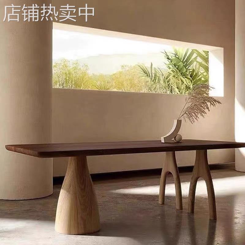 法式中古长方形会议桌胡桃木复古实木餐桌侘寂风原木洽谈桌茶桌