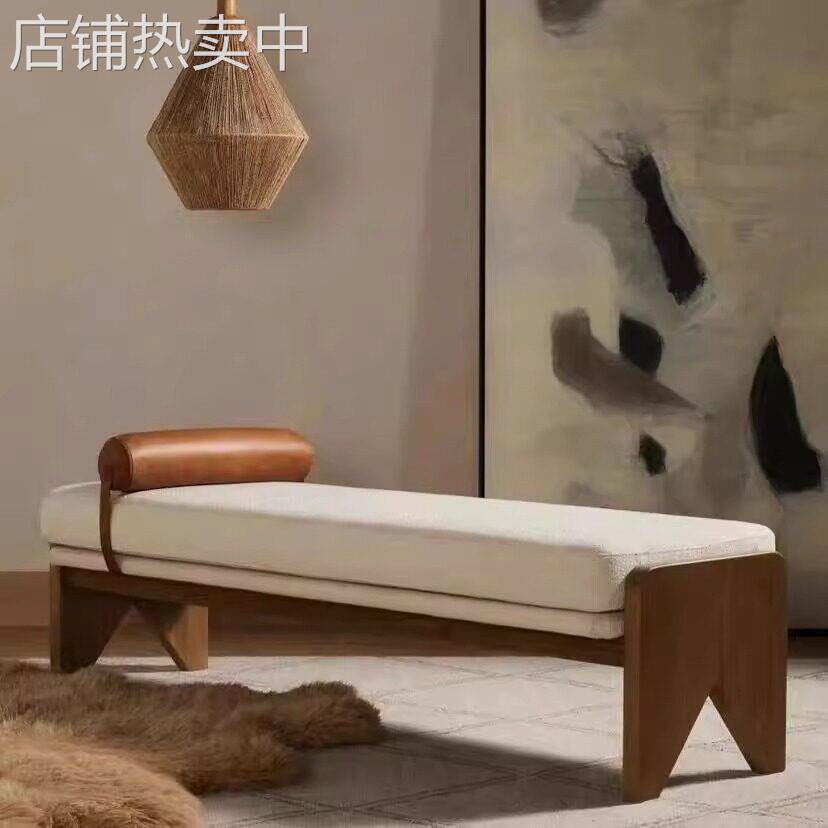 简约新中式家用沙发凳床尾凳北欧民宿家用实木长条凳诧寂风换鞋凳