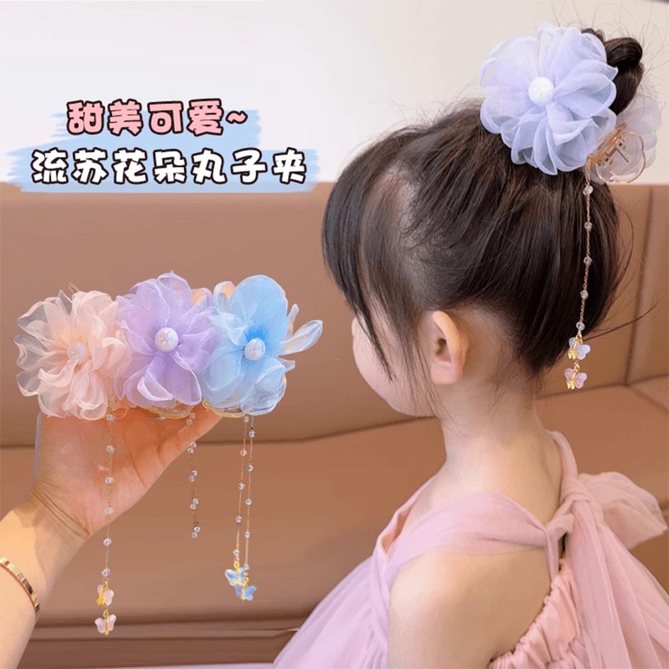 网红女童扎丸子头太阳花流苏抓夹