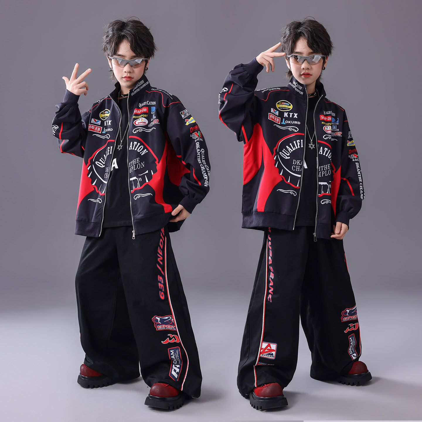 街舞儿童潮服红黑元旦演出服男童嘻哈套装hiphop男孩酷帅表演服装