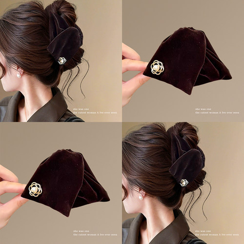 山茶花朵丝绒发夹女后脑勺鲨鱼夹