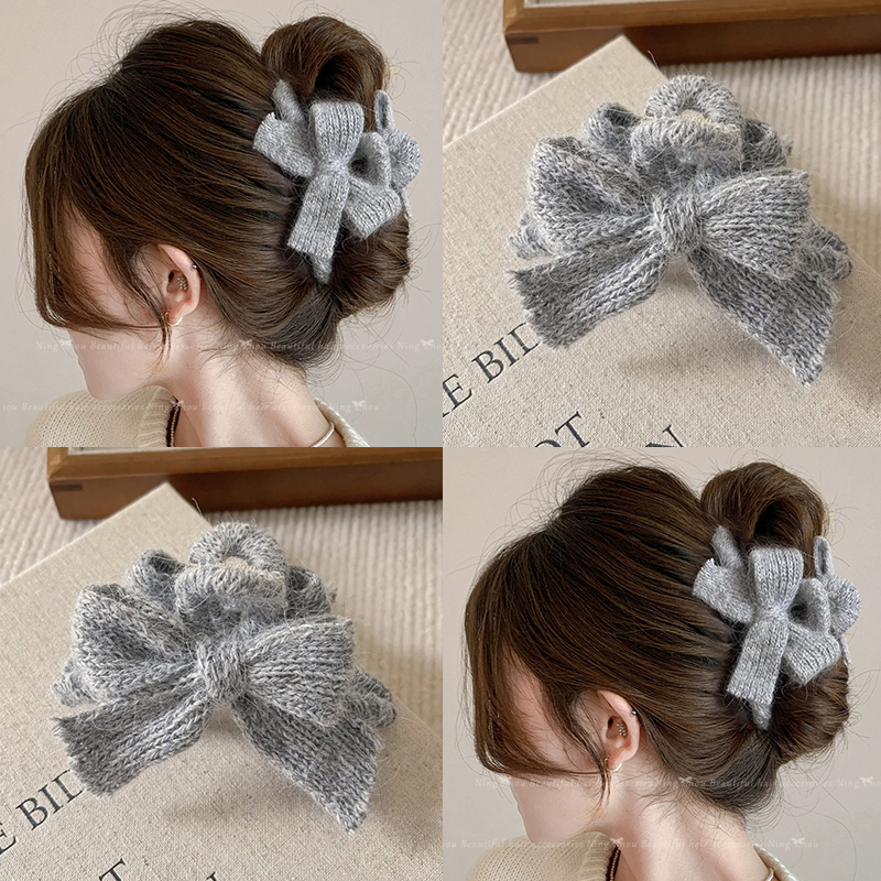 灰色针织毛线蝴蝶结发夹女后脑勺