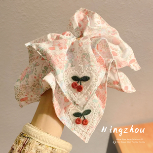 超好看 韩系粉色碎花樱桃方巾大肠发圈女高级感肥肠头绳发绳头饰