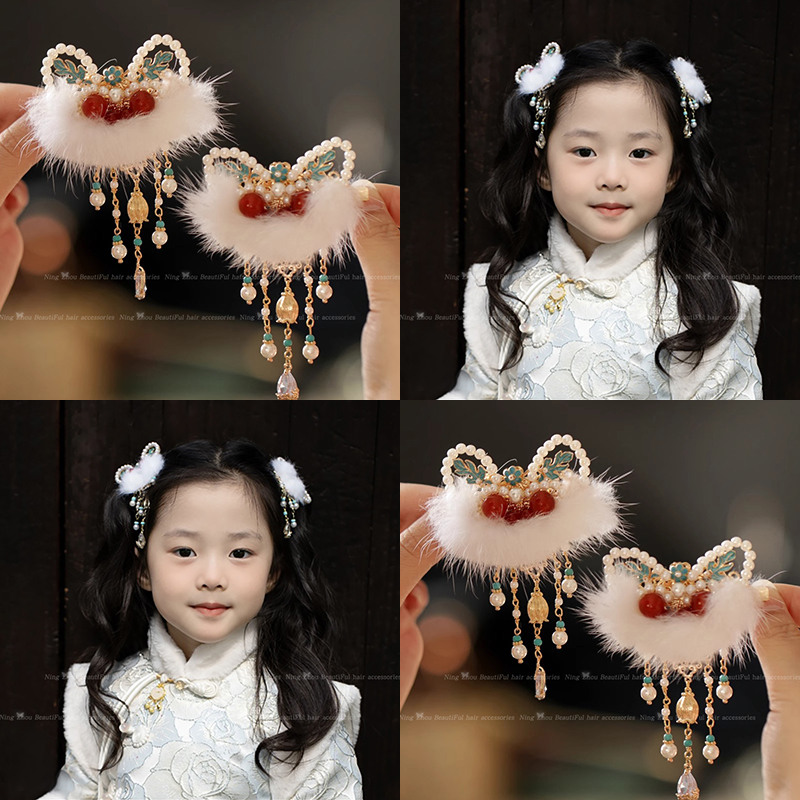新中式国风醒狮珍珠儿童发夹女孩