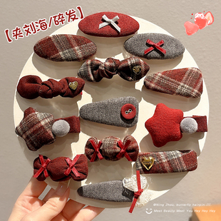 新年红色格纹蝴蝶结儿童发夹女孩刘海侧边碎发小夹子头饰女童发卡