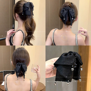黑色蝴蝶结满天星吊坠抓夹女后脑勺半扎发夹高马尾发卡丸子头发饰