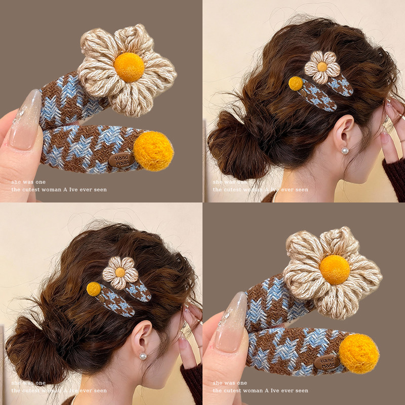 针织毛线格纹花朵发夹女2025新款