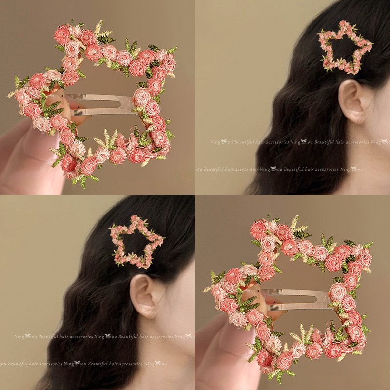 粉色花朵星星发夹女侧边刘海夹子