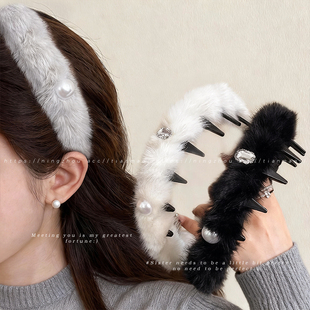 韩系珍珠波浪发箍女秋冬毛绒带齿防滑洗脸压发头箍头饰高颅顶发卡