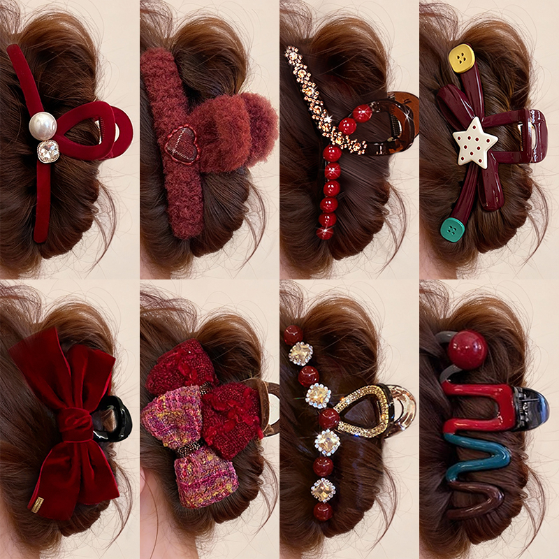 新年红色抓夹大号发量大发夹女