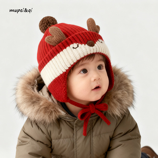 宝宝毛线护耳帽子秋冬季针织圣诞红色新年男童女童婴儿韩版套头帽