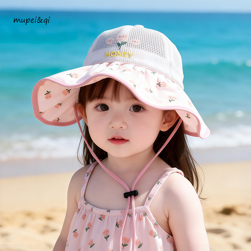 宝宝防晒帽夏季薄款大檐婴幼儿遮阳网帽公主帽薄款花朵女童太阳帽