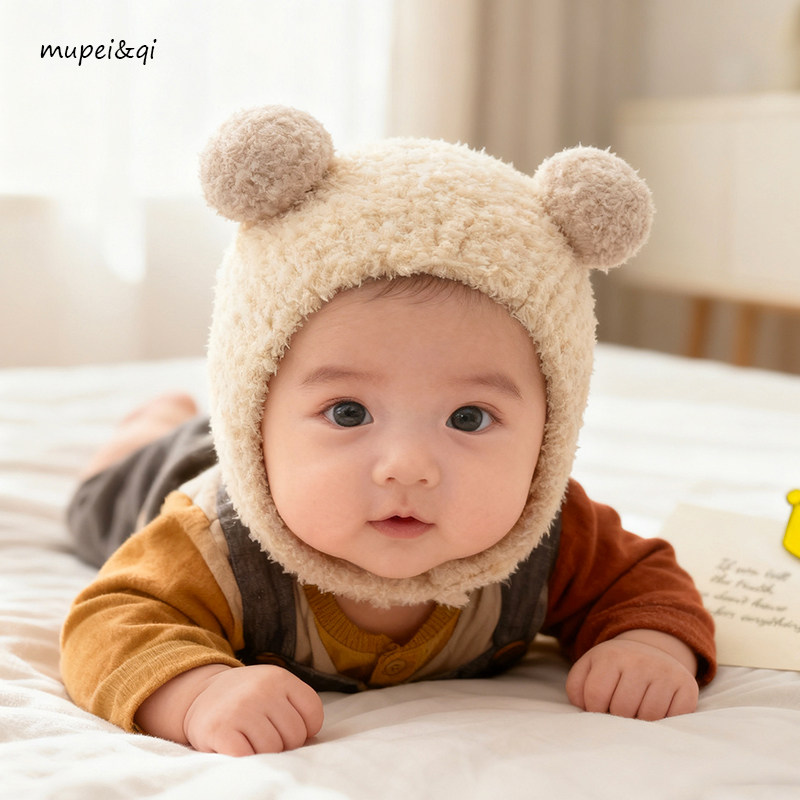 婴儿帽子秋冬宝宝护耳帽女婴幼儿羊羔毛小月龄加厚新生儿保暖冬季
