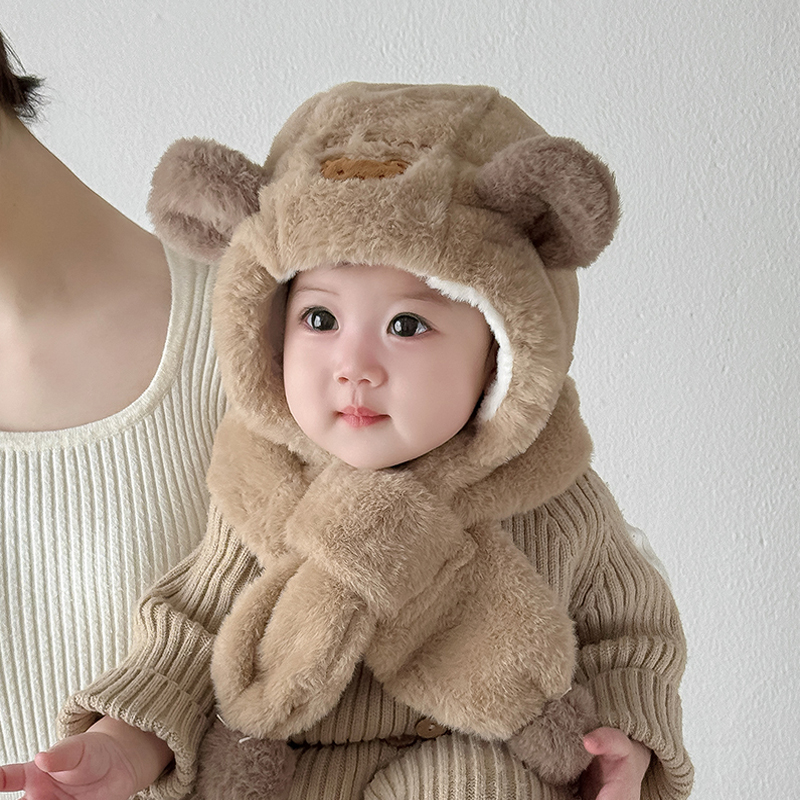 宝宝毛绒一体帽秋冬季男童女婴幼儿韩版帽子围脖两件套加绒厚保暖